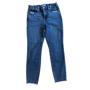 Good American High Rise Raw Hem Skinny Jeans Blue Wash Size 10 30 Stretch Luxury